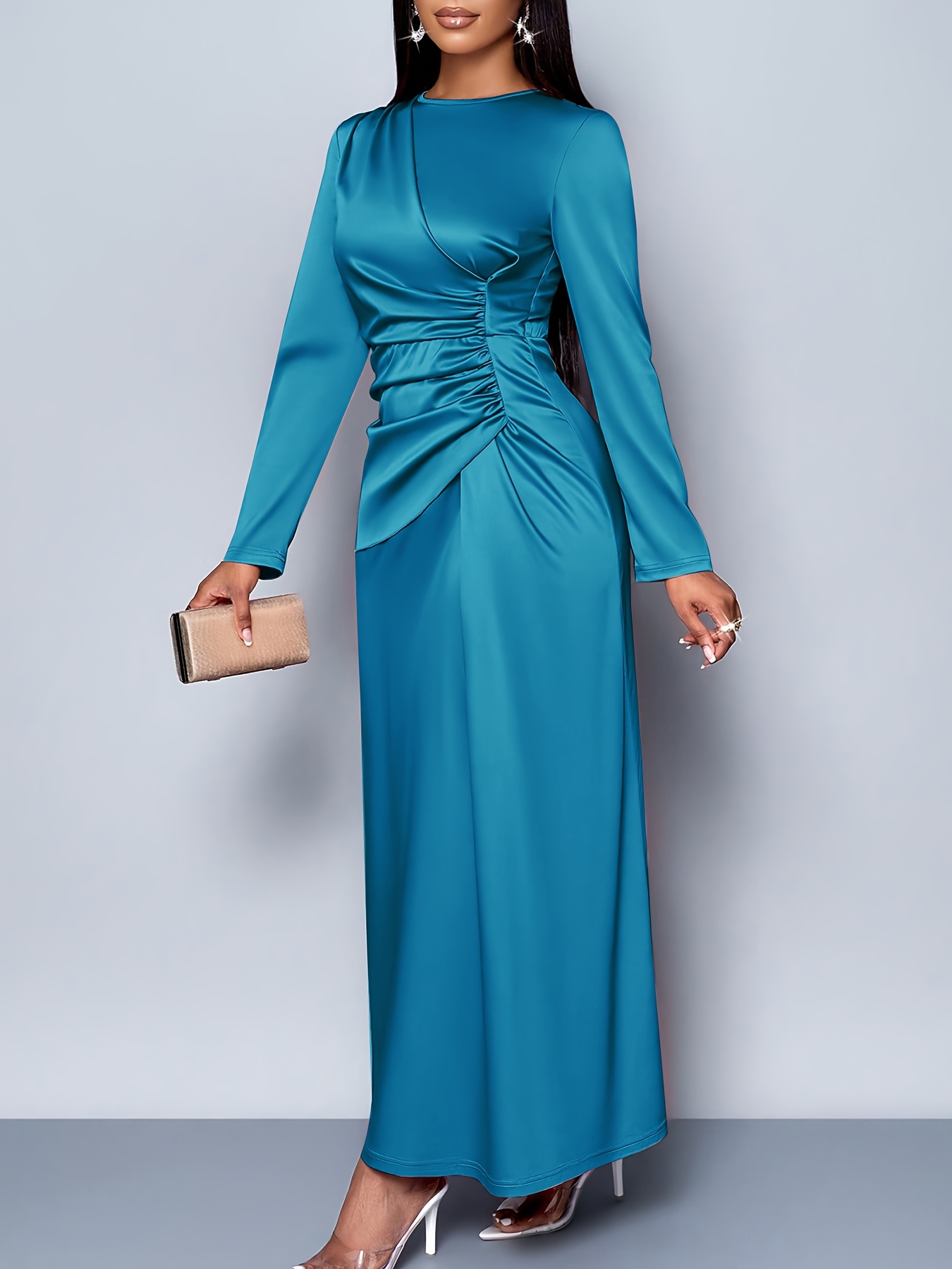 Women's Elegant Long Party Dress Solid Color Round Neck Long