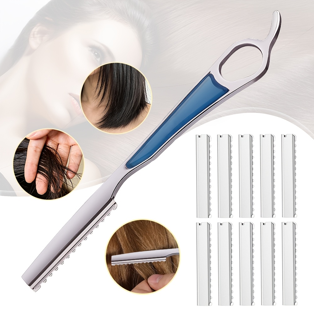 TEMU Hair Styling Cutting Hair Thinning Comb Hair Cutting Razor Set With 10pcs Replacement Stainless Steel , Hair Cutting Razor For Barbers, Salon