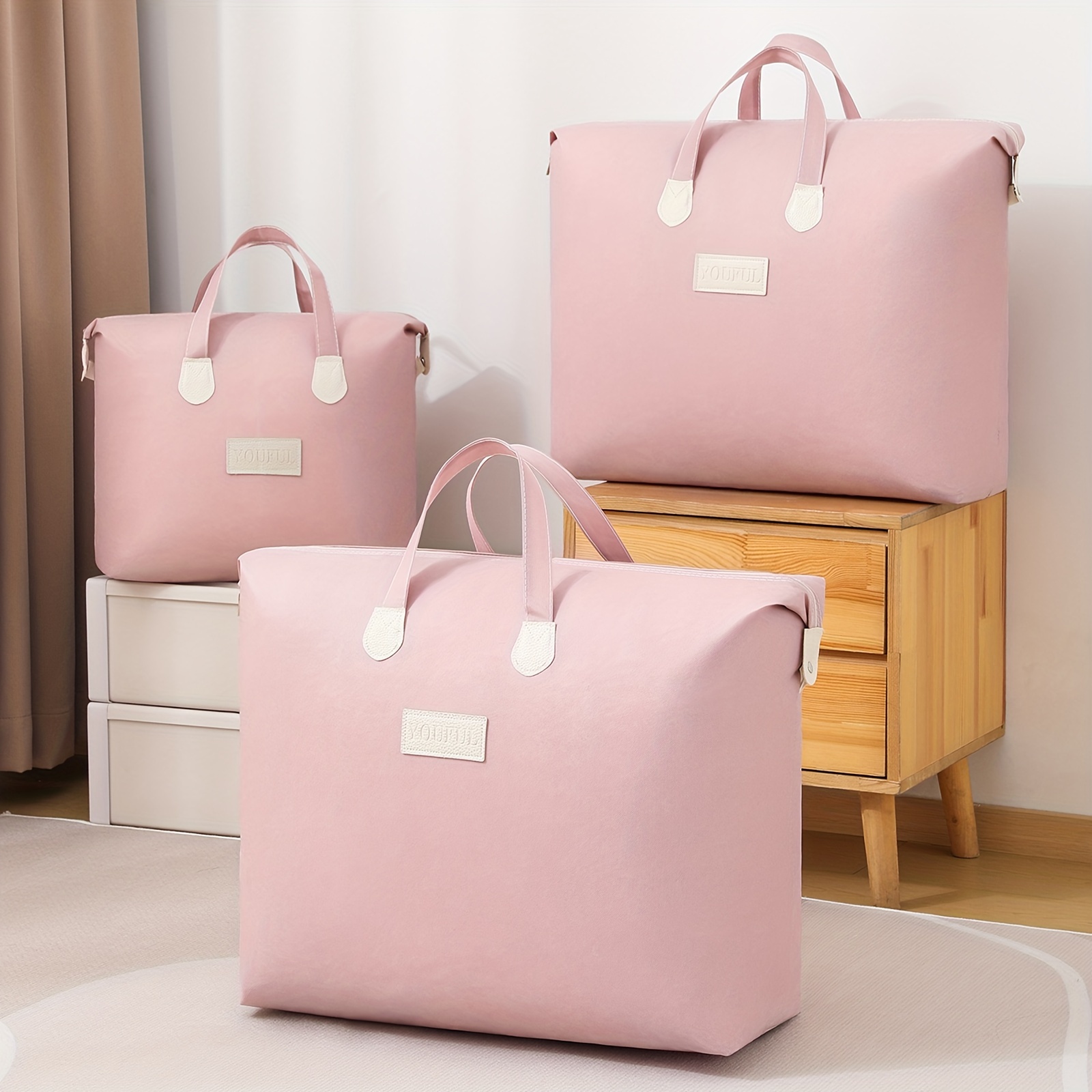1pc YOUFEN Pink Polyester Blend Quilt Storage Bag with Zipper Closure - Portable Travel Organizer for Dorm, Clothes, Shoes & Accessories, Durable & Lightweight Design for Home, Office, Travel, Quilt Storage Bag, Dorm Room Organizer, Stylish Organizer, Sturdy Handles
