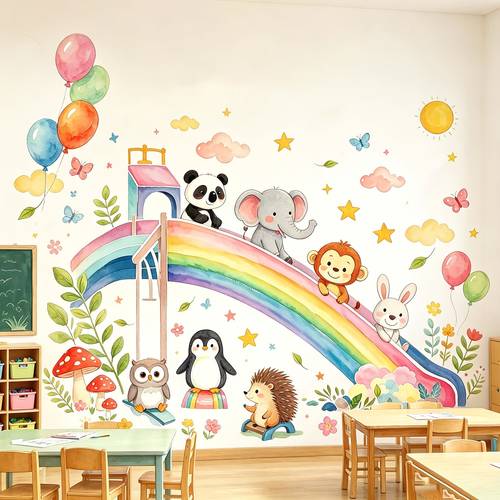 imagen del artículo 2 piezas/set - 30*90 piezas adhesivo de animales pequeños con deslizador de de dibujos animados, estilo acuarela y lindo para habitación, , decoración de pared de jardín de , para guardería, sala de juegos, decoración de pared de jardín de , decoración de regalo