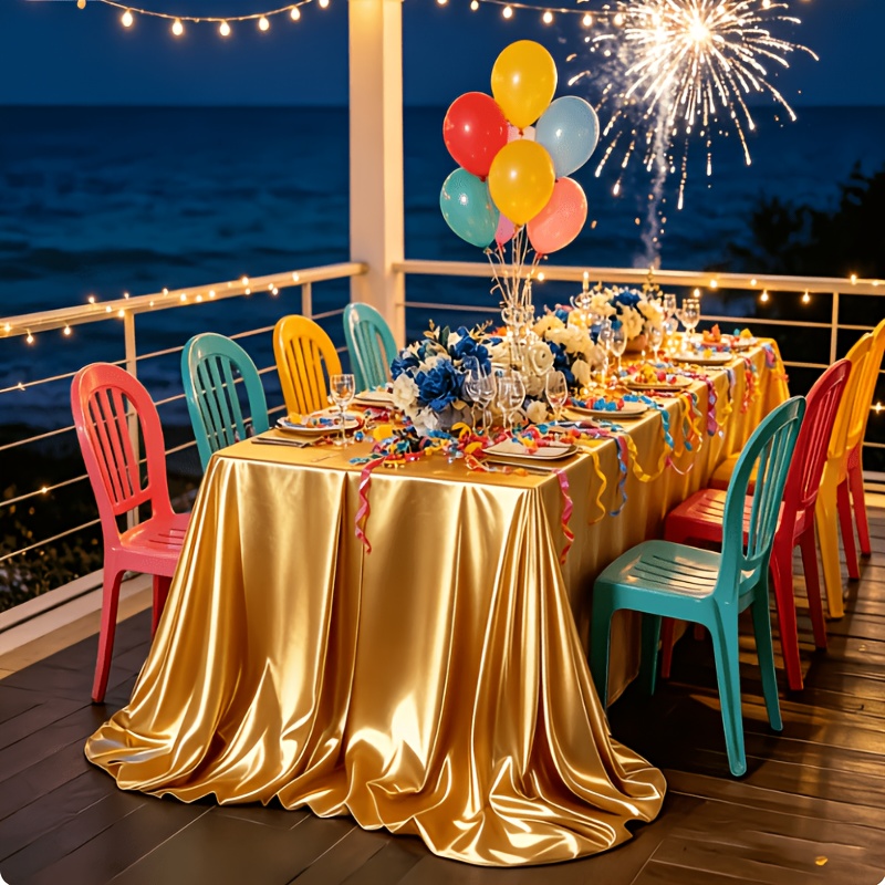 TEMU 1pc Golden Glossy Polyester Rectangular Tablecloth, Draping Smooth And , Luxury Suitable For Weddings, Seaside Banquets, Vacation Parties,