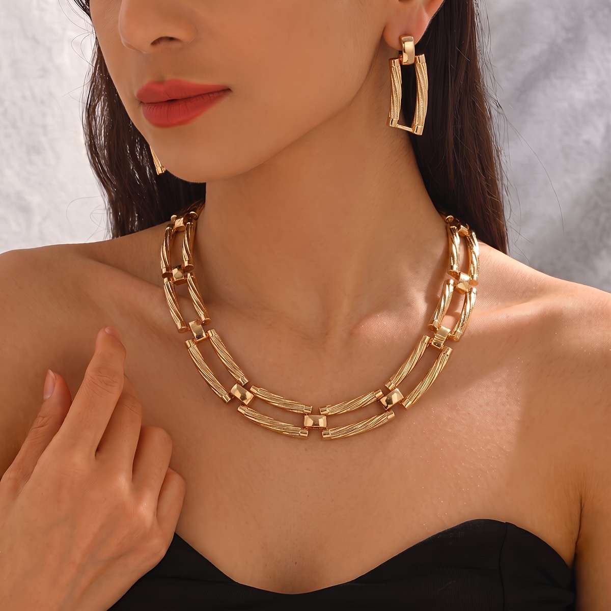 TEMU 2pcs Women's Jewelry Set, Retro Easy Metallic Style, Statement Long Chain Necklace And Hollow Rectangular Earrings, Casual To Party Wear, Middle