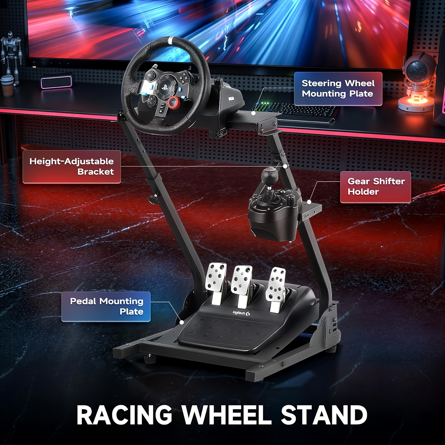 TEMU 1pc Foldable Racing Steering Wheel Stand, Height Adjustable Stand With Gear Shift Holder, Simulator Cockpit Compatible With G27 G25 G29 T80 Tx