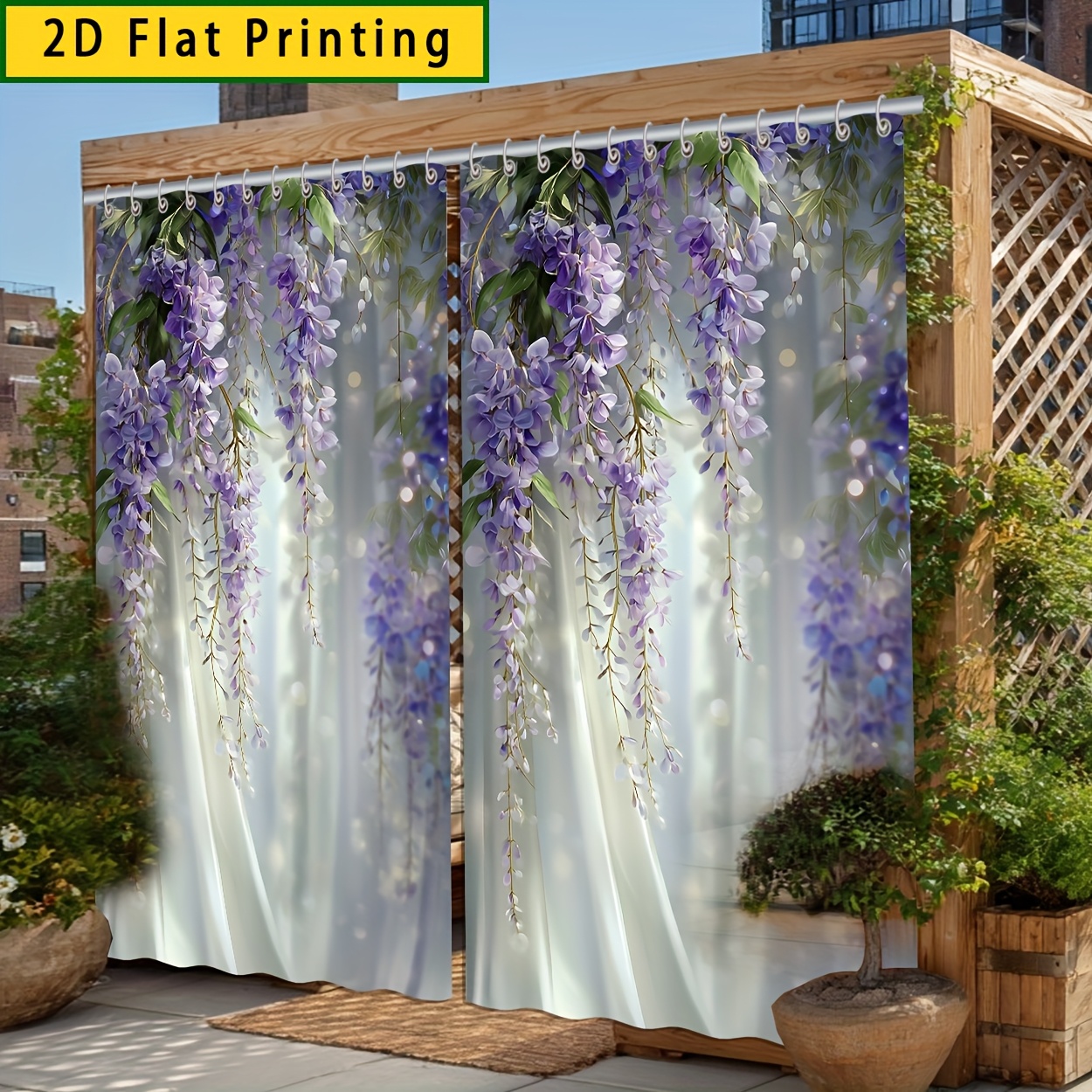 TEMU 2d Flat Printing, 2pcs Outdoor/indoor Curtains - Elegant Wisteria Pattern Sheer Privacy Curtains, Suitable For Patio, Garden, Living Room,