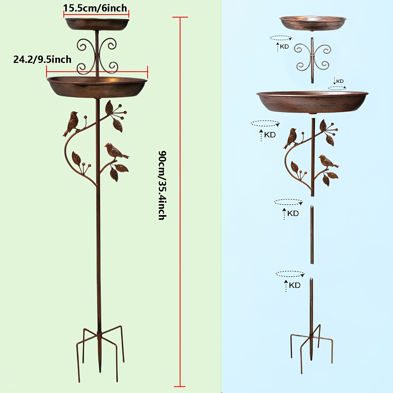 TEMU 1pc Vintage Rust-proof Metal Double-layer Bird Bath, Rustic Vintage Style, Scrollwork Floral Branch And Iron Art Decoration, Detachable And