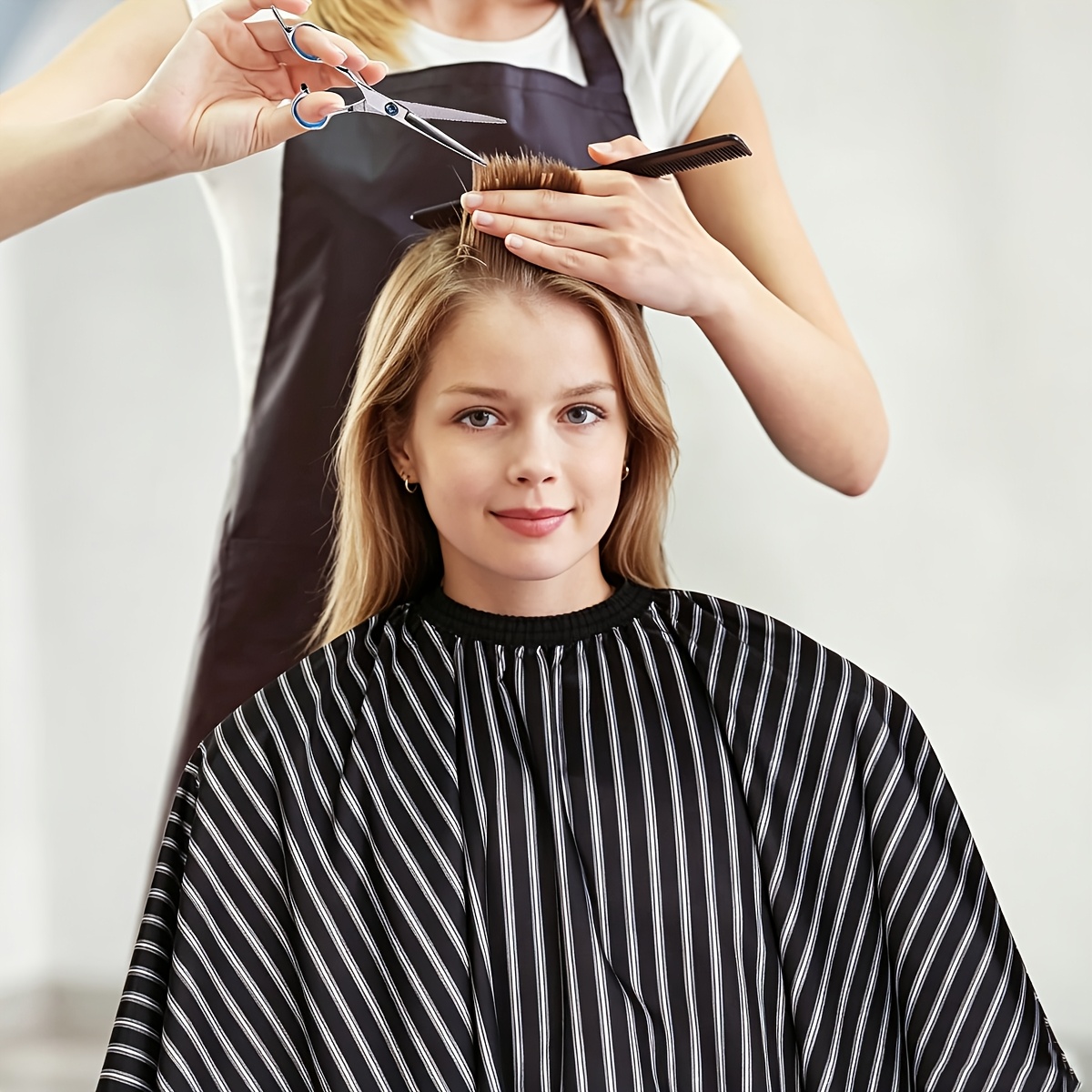 TEMU Black And White Striped Barber Cape - Durable, Reusable Polyester Hairdressing Apron; A Stylish Essential For Hairstylists