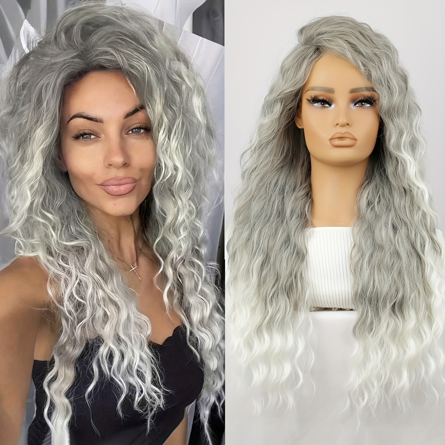 natural looking ombre ash blonde brown curly wig dark roots  display picture 1
