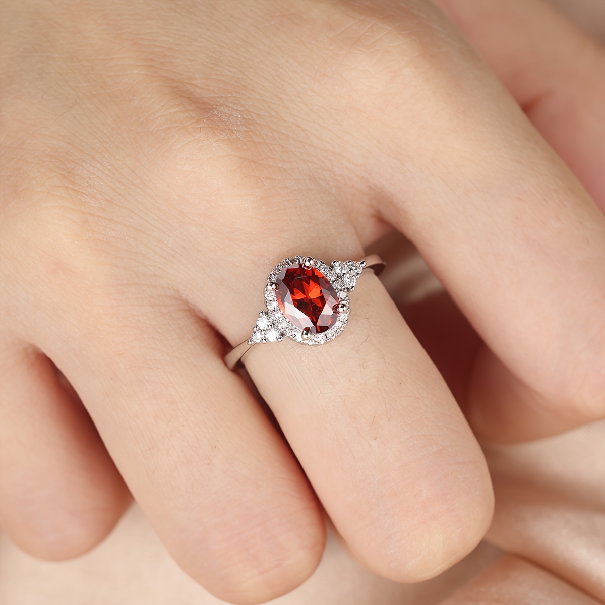 Red Oval Stone Ring with Accents Minimalist Thin Band Wedding Jewelry