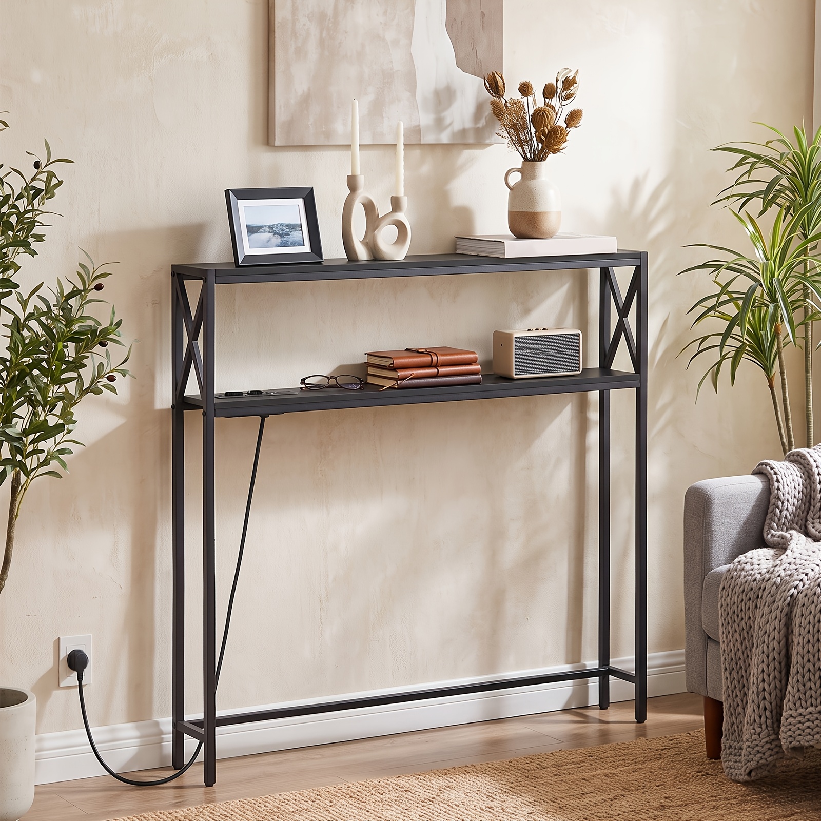 100cm Double Layer Console Table, Entry Table, Side Table, With Outlets And 2 Usb Ports, And Black, Hallway Table, Sofa Table, Suitable For Hallway, Living Room And Bedroom