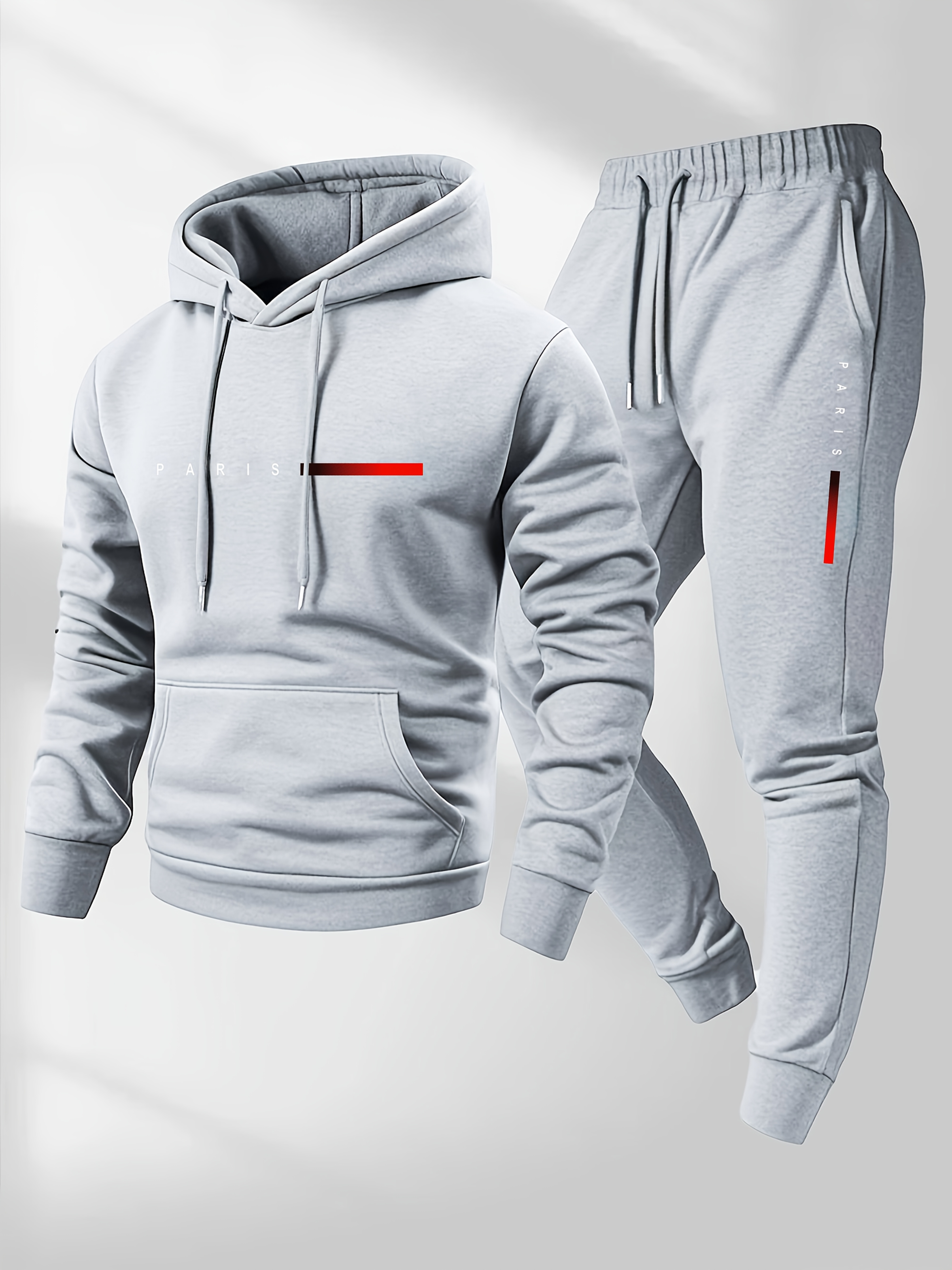 Men'S Casual Paris Letter Hoodie & Joggers Set - Gray Drawstring Pullover with Red Accents, Loose Fit, Long Sleeve, Fall/Winter Collection, Comfortable Clothing|Casual Style|Stretch Fabric