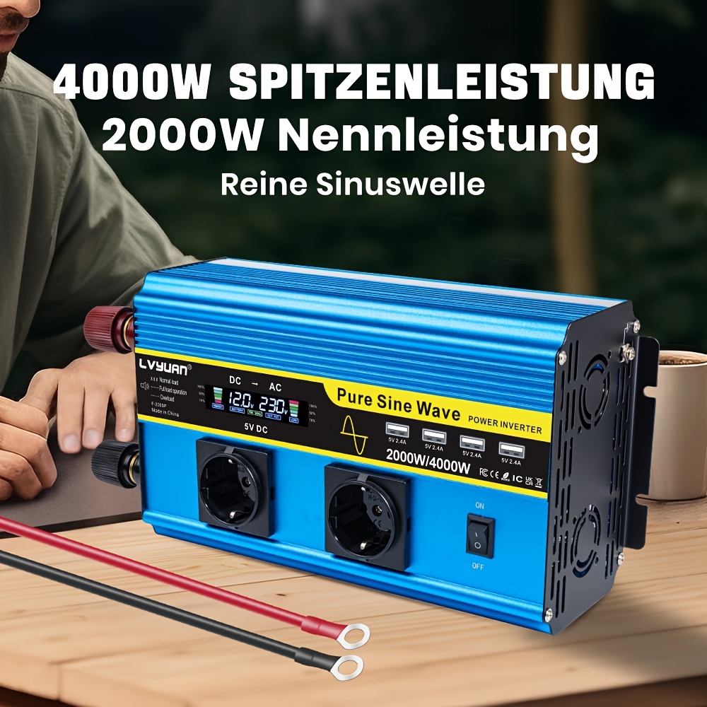 Image of Lvyuan 4000w () Pure Sine Car Power Inverter, 2000w Power Inverter, 12v To Ac 220v Power Converter With Lcd Display, 2 Sockets And 4 Usb Ports For Smartphone, Laptop Car Outdoor Camping