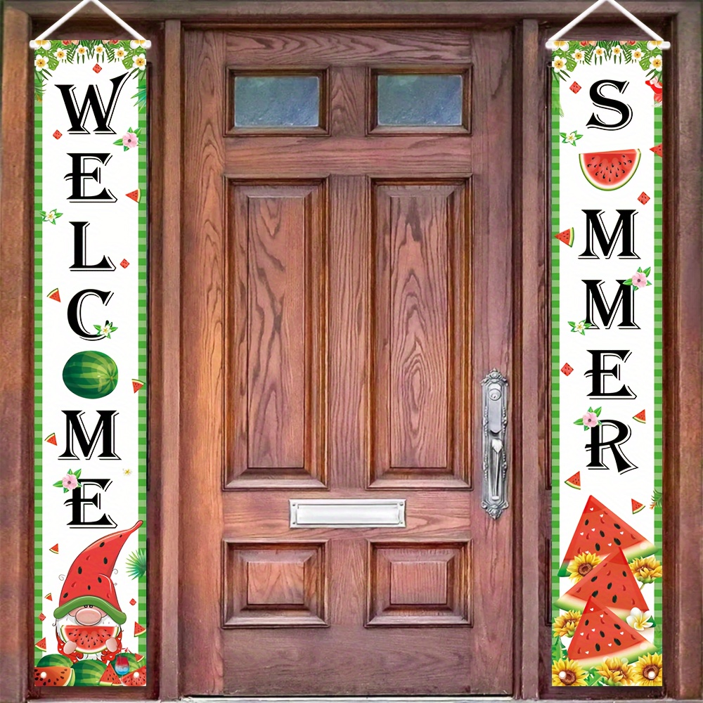 

Porch Sign - Cute Elf And Watermelon Design, " X 11.8", Polyester Hanging Banner For Home And Garden Party Decor