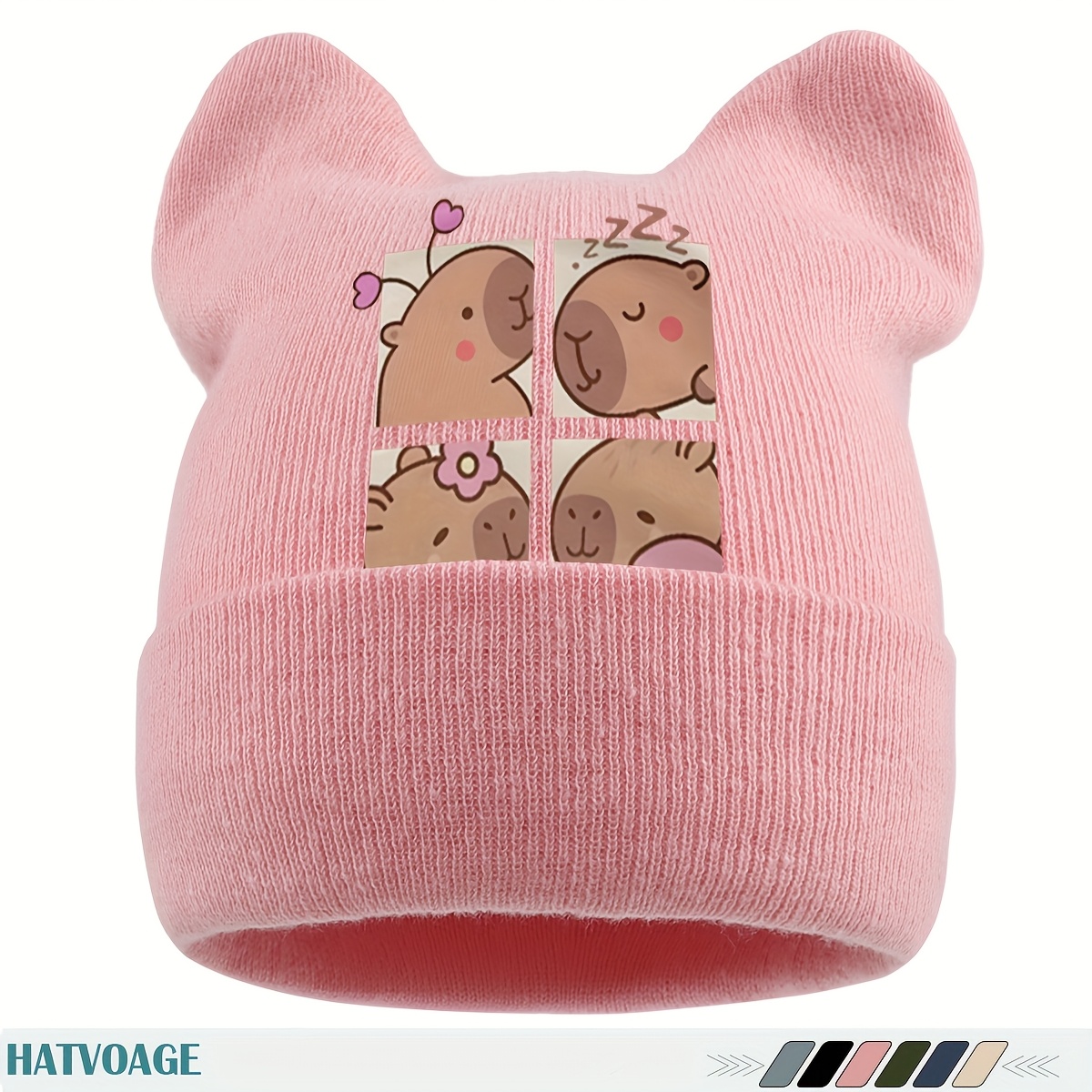 TEMU 1pc Fun Capybara Print Winter Beanie - Cute Capybara With Hearts And , Lightweight Breathable Unisex Hat For Christmas, New Year, Halloween