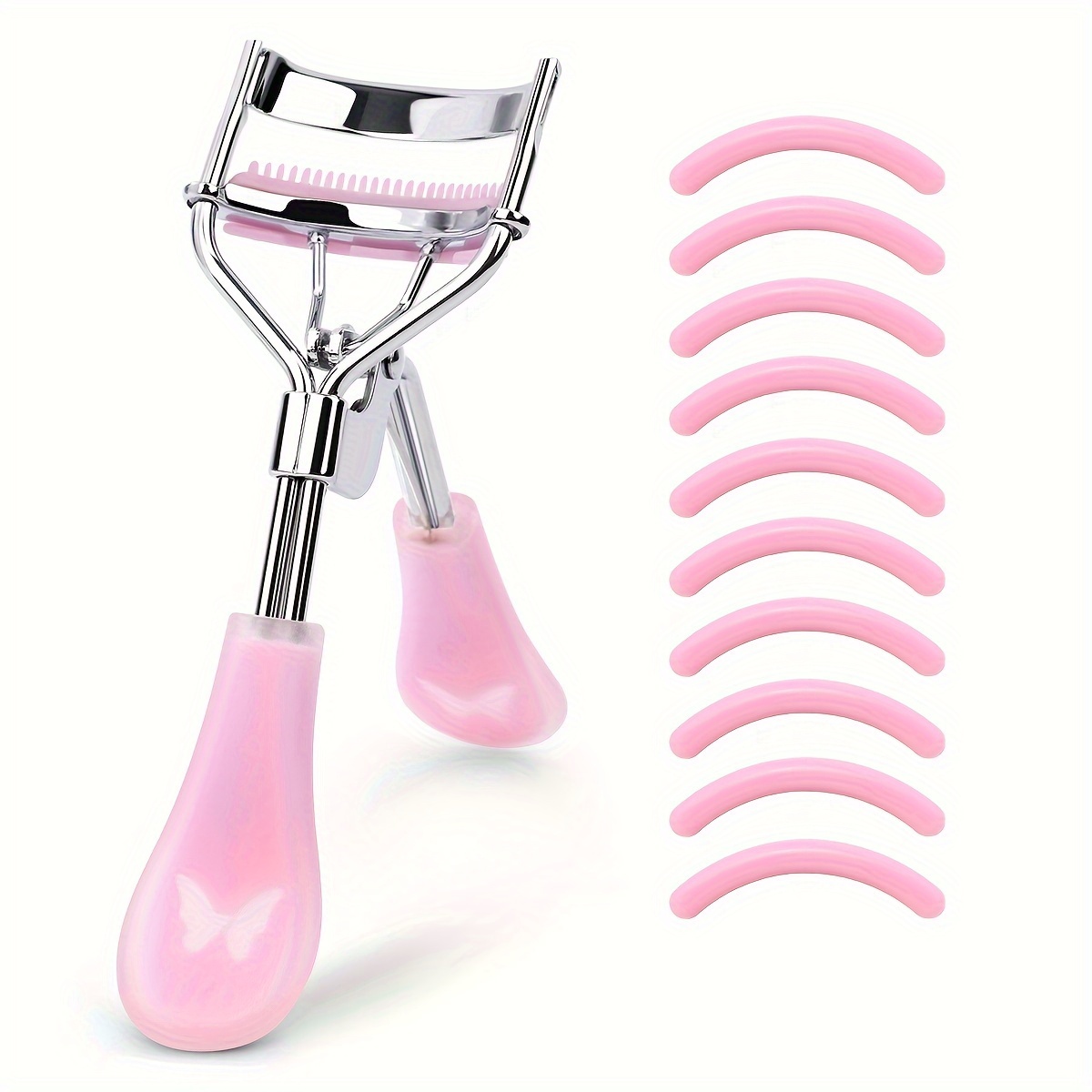 

Portable Eyelash Curler With 10 Silicone Pads, Stainless Steel Butterfly Handle Eyelash Curler That Does Not Hurt Eyelashes, With Comb Eyelash Curler Eye Makeup Tool