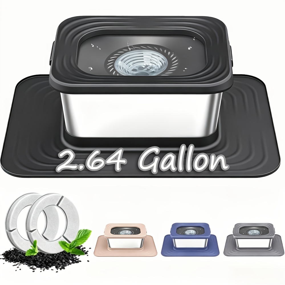 TEMU 2.64gal Stainless Water Bowl Anti Splash Pet Water Bowl With Xxl Mat Spill Proof Slow Water Feeder For Messy Drinkers Heavy Duty Non Slip Pet