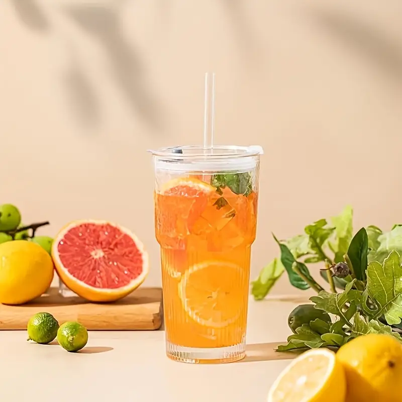 2pcs glassware set 600ml 20oz ribbed glass bucket with lid and glass straw thick glass iced coffee smoothies cocktails and juices elegant and durable beverage vessel Product details 1