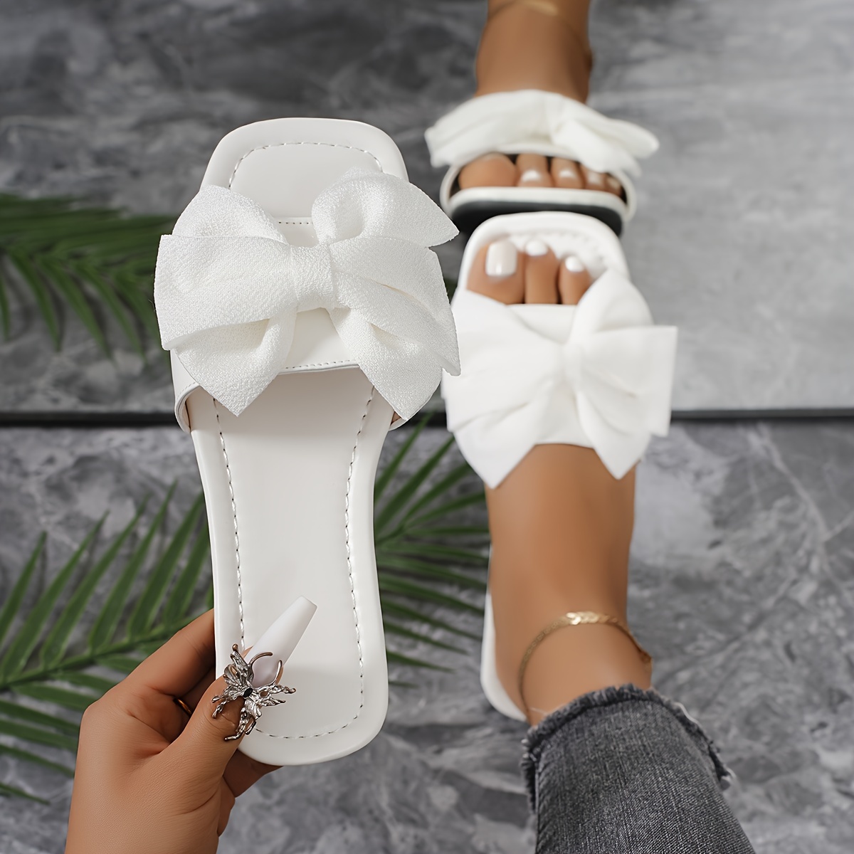 

White Bow Flat Sandals For Women, Open Toe Slides With Square Toe, Summer Casual