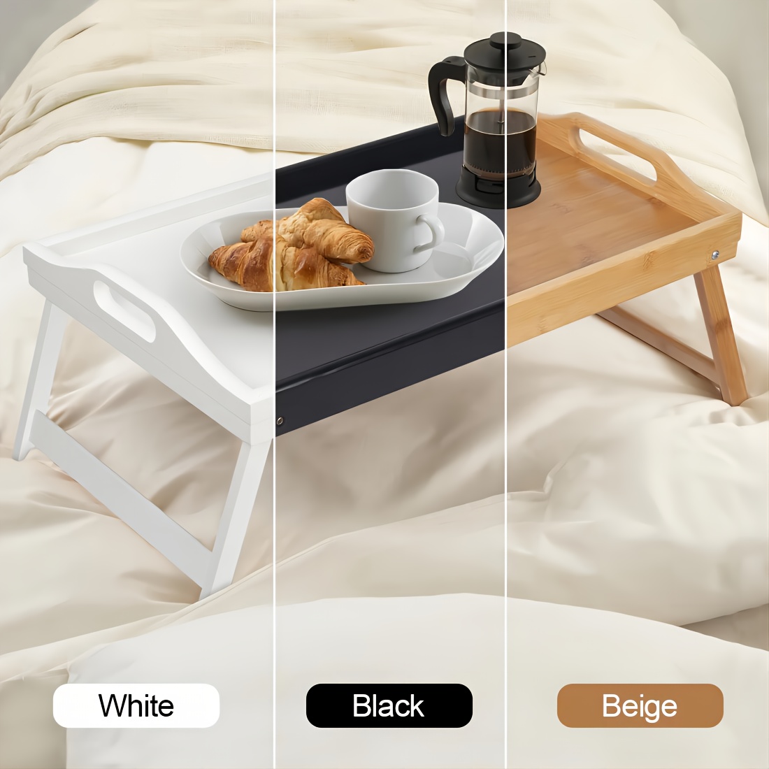 

1/2pcs Bamboo Bed Tray Table With Foldable Legs - With Handles, Ideal For Eating, Working, Or - And Stylish, In White, Black, Beige, And Brown, Bamboo Tray, For Valentine's Day