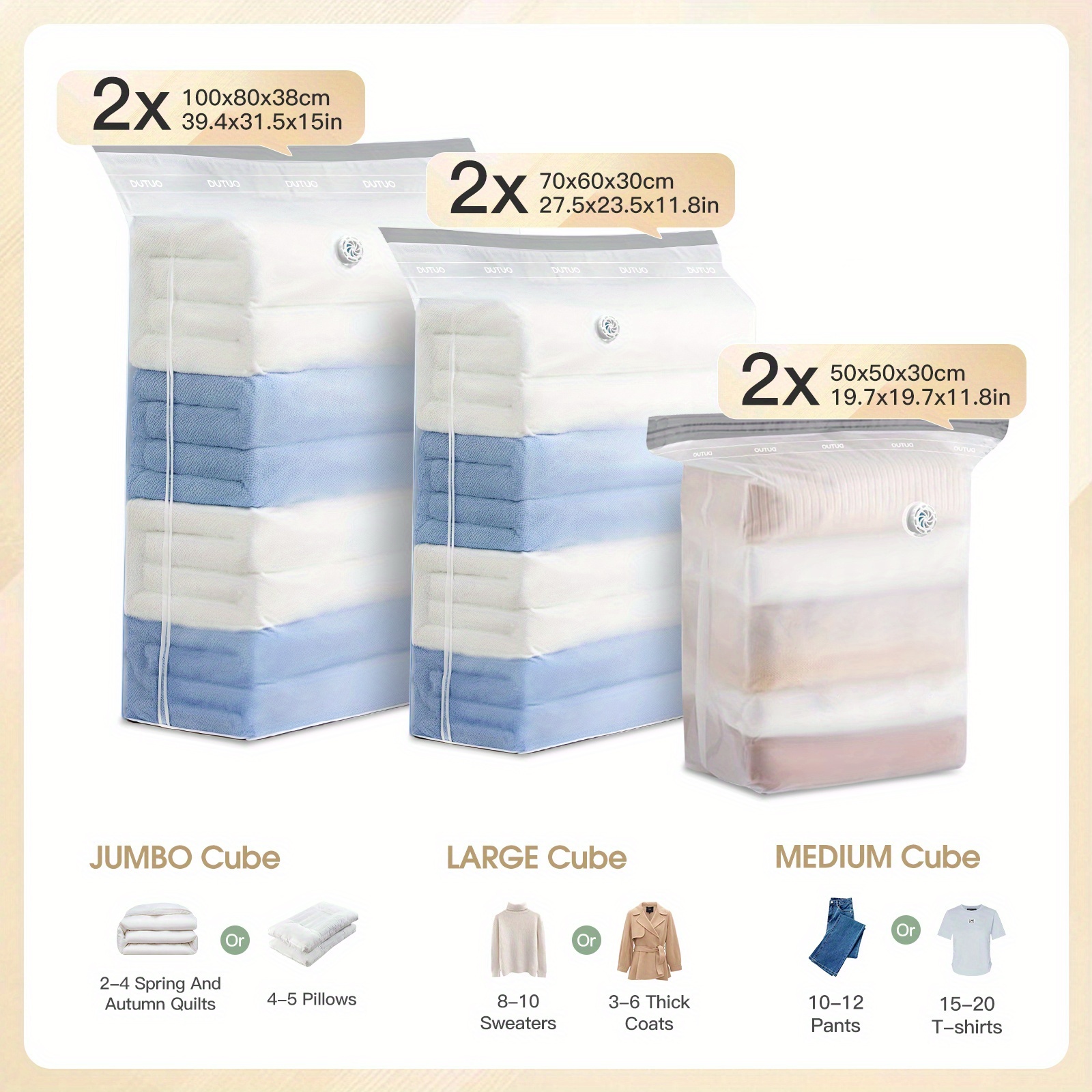 Timornon 6pcs Cube Vacuum Storage Bags - Space- Wide-bottom Design, Premium For Clothes, Pillows & Bedding, Double Compression, No Valve, Durable Frosted Material
