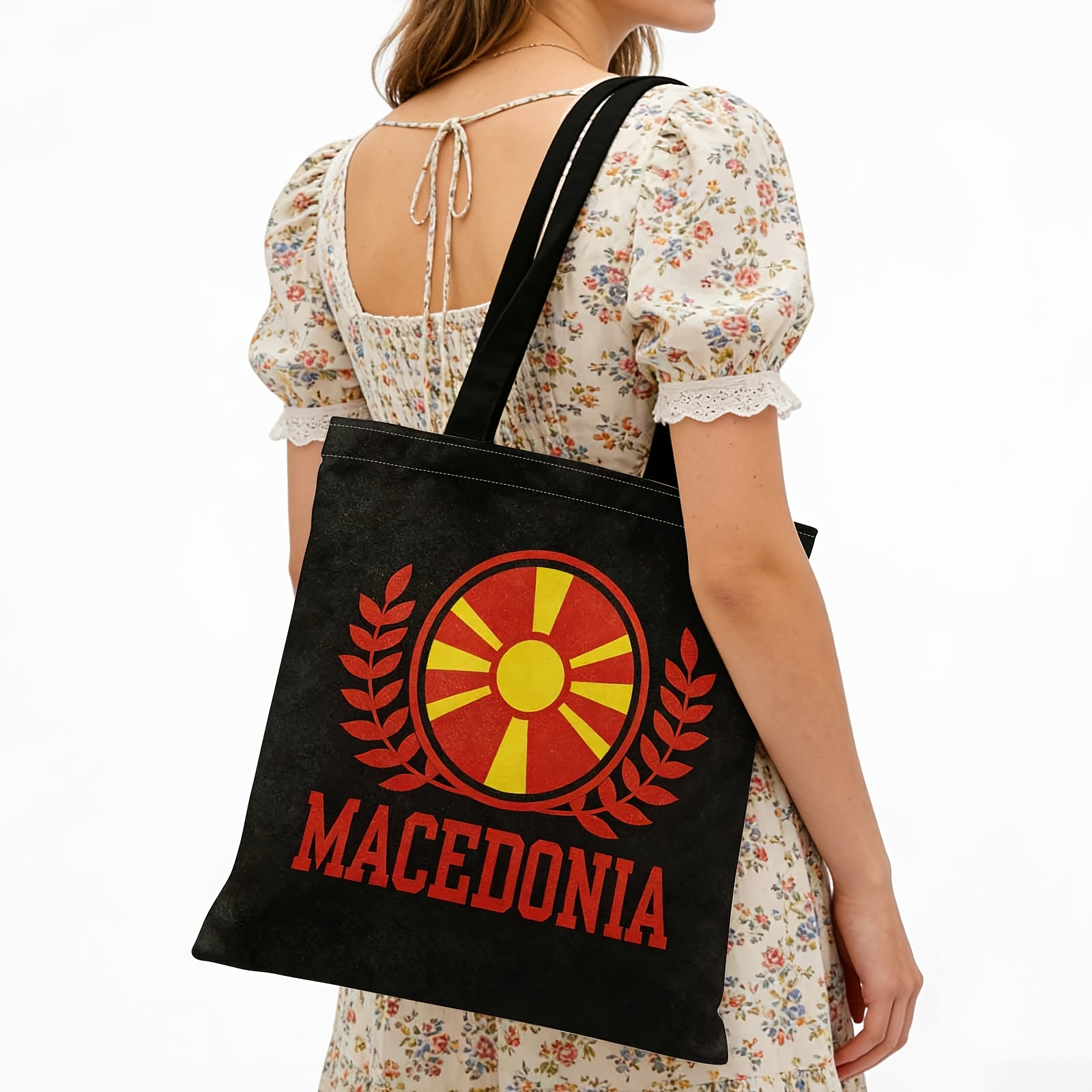 TEMU Large-capacity Tote Bag With Macedonia Print - Durable Handbag Suitable For Travel, Shopping & Daily Use, Machine Washable Blouse-compatible