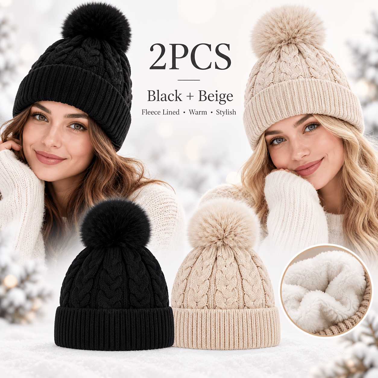 TEMU 2er-Pack Damen Wintermützen mit Bommel, mit Fleece gefütterte, verdickte, weiche, warme Zopfmützen, einfarbige modische Mütze für kaltes Wetter