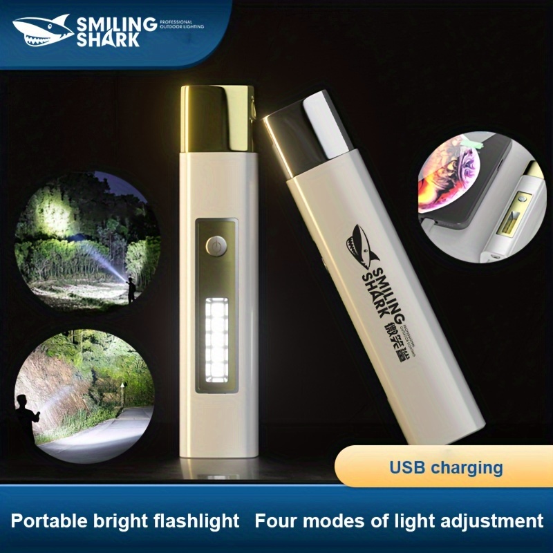 

1pc Smiling Shark Led Flashlight, Portable Usb Rechargeable Flashlight With Side Light, Torch Light For Camping, Hiking, Walking, Working, Fishing