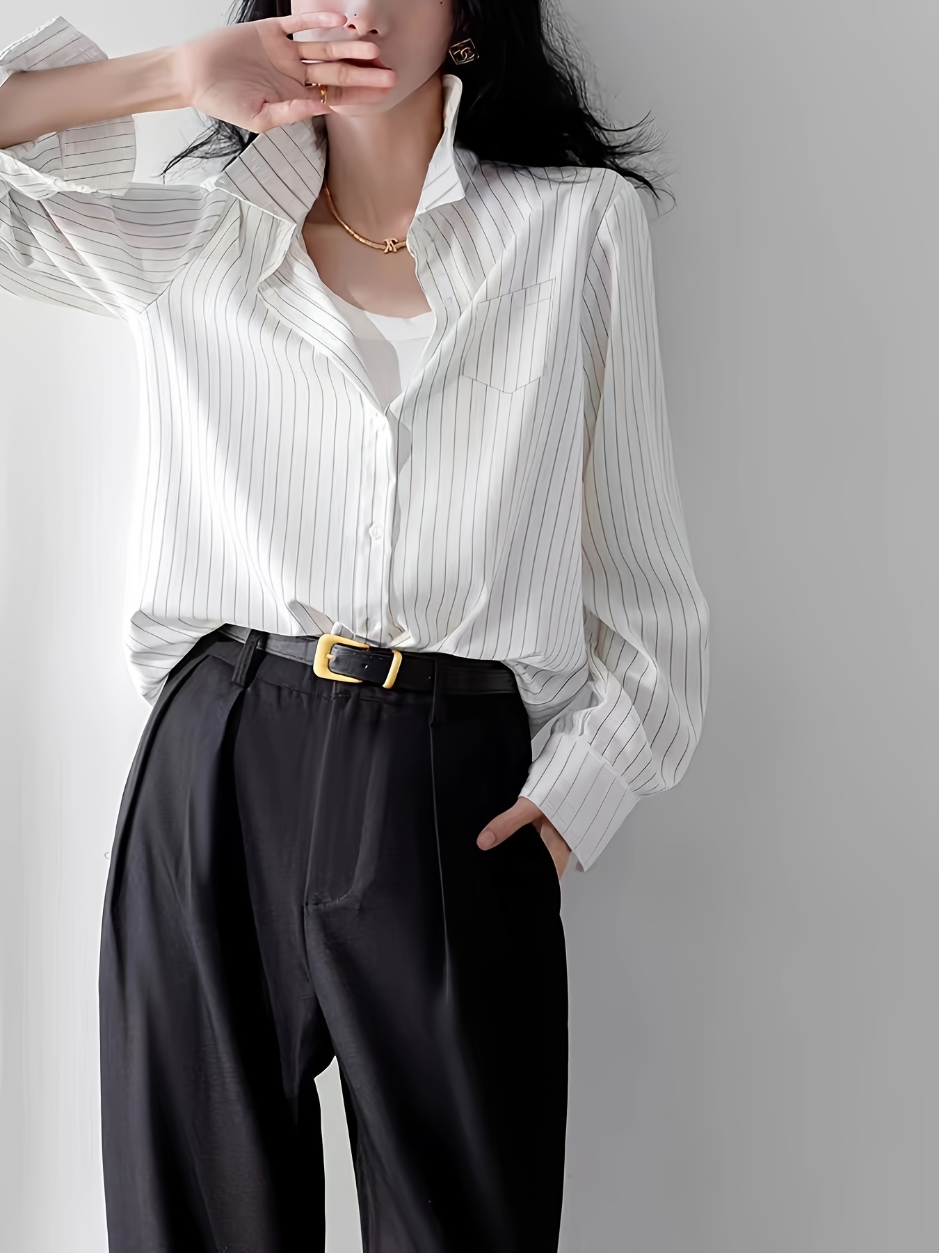 Chemise Femme Manches Longues Rayée - Col Rond, Poche, Mélange Polyester-Élasthanne - Pour Bureau, Loisirs, Voyage - 5