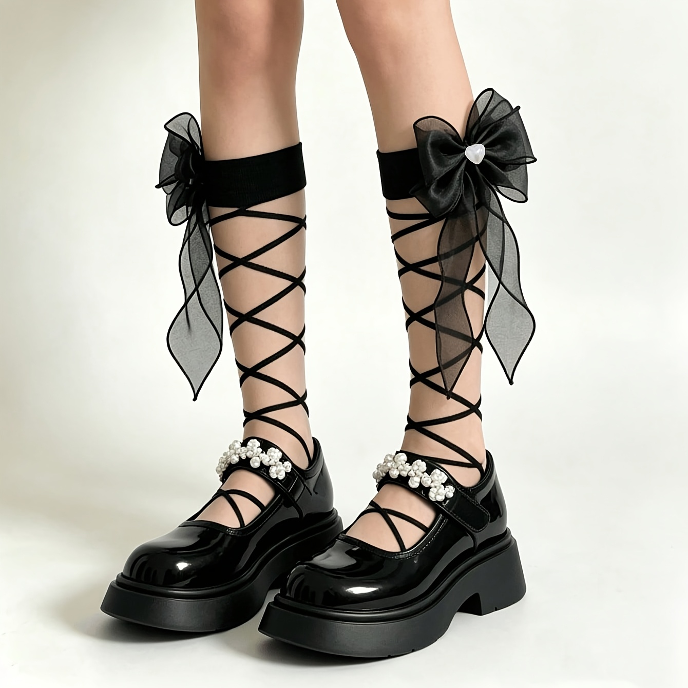 TEMU 1 Pair Of Women' Sheer Lace-up Bow Mid-calf Socks With A Sweet Spicy Style Bow Crisscross Lace-, Made Of Mesh Sheer Fabric. Suitable For Jk