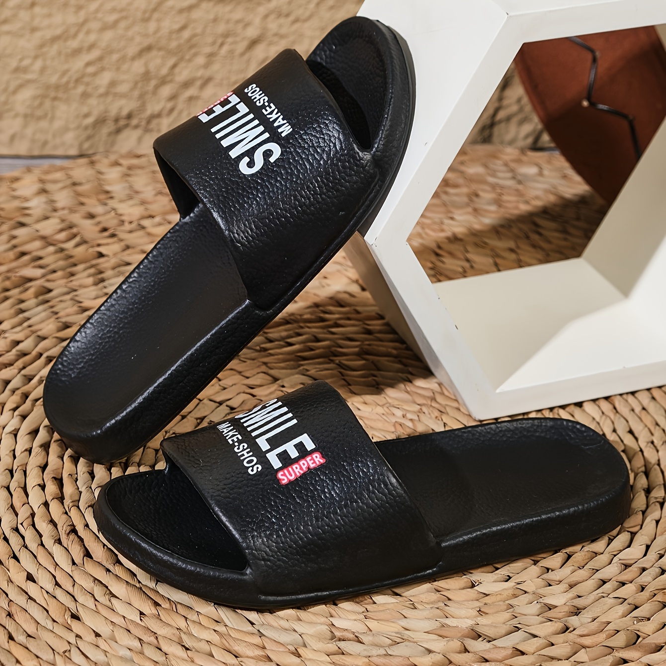 

Eva Slides - "smile Moss" Fashionable Black Slippers, Comfortable & For Indoor/outdoor Use - Ideal For Bathroom, Dorm, Pool, Beach - Footwear