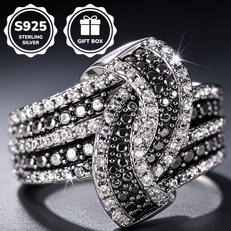 Image of 1pc S925 925 Silver Luxurious Fashion Pave Black Synthetic Synthetic Synthetic Zircon​​ Ring, Unisex, High-quality Jewelry, Suitable For Daily Casual Wear And Banquet Parties