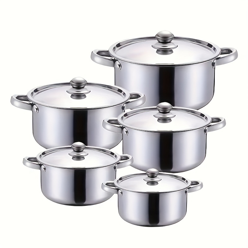 TEMU 10pcs Stainless Steel Cookware Set With Lids - Durable & Versatile, 5 Sizes (6.3