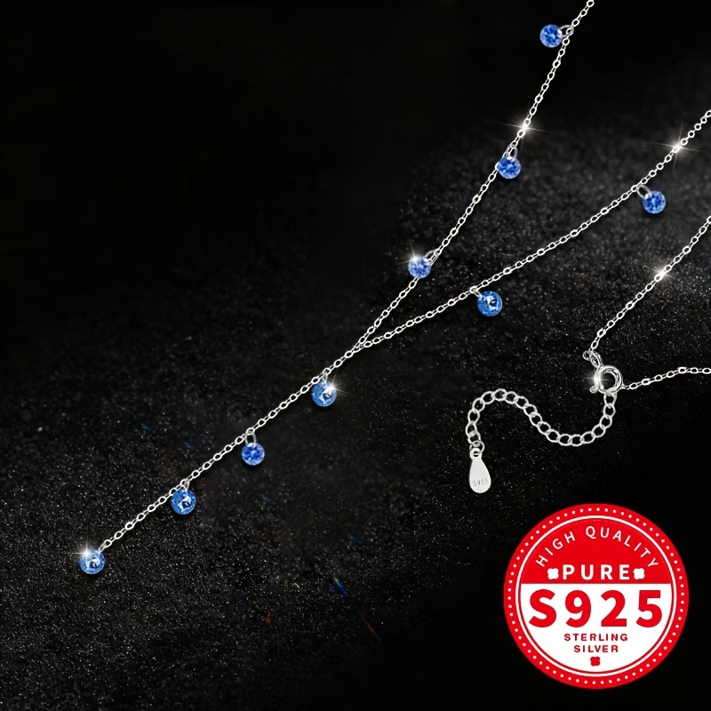 Women's 925 Silver Y-Chain Necklace with Blue Zirconia Tassel