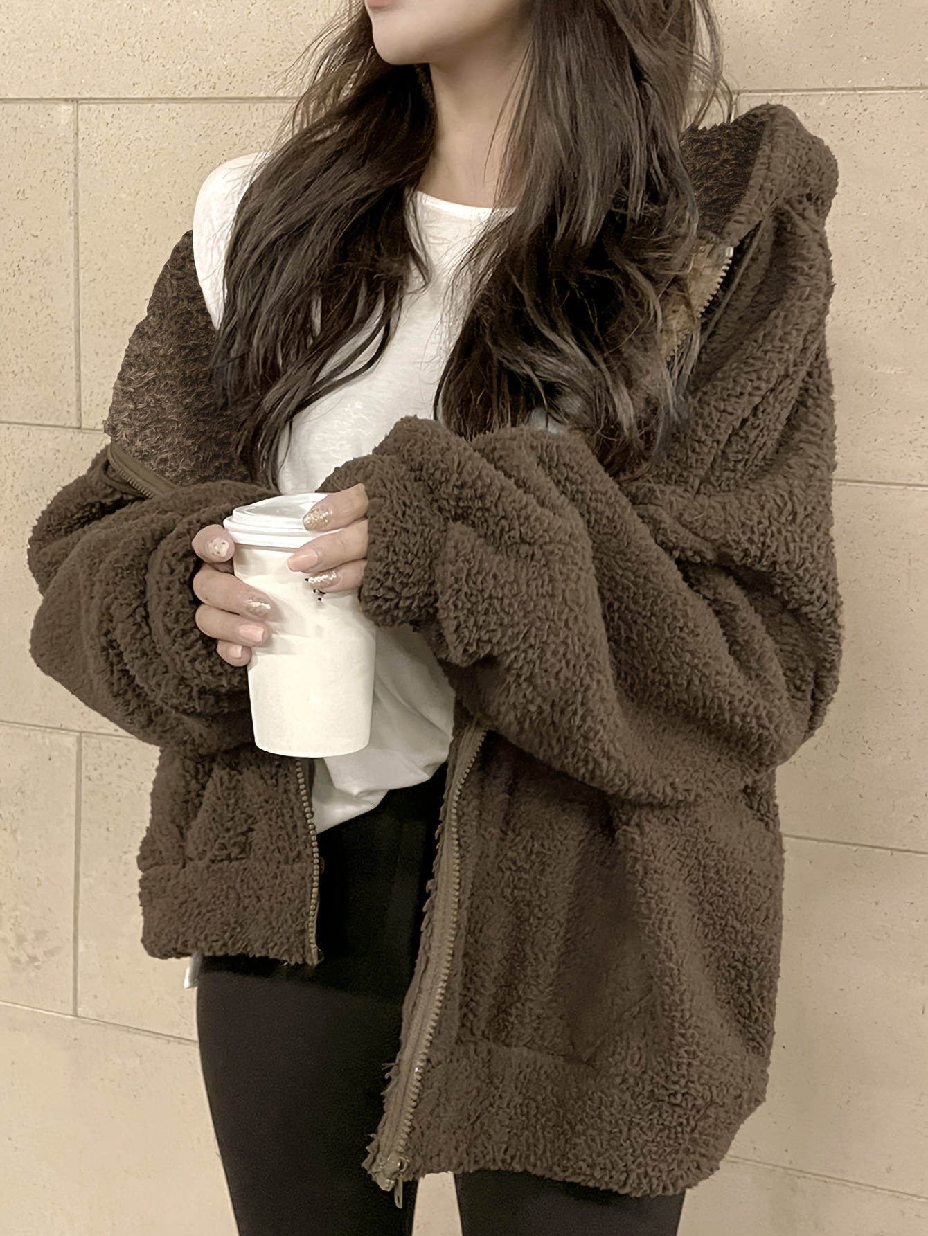 women s plush furry hooded jacket - thick winter warm coat with full-zip closure, loose-fit casual outerwear, machine washable brown coat for fall & winter, elegant women s outerwear (solid color, zipper front, relaxed fit, soft plush material, hooded design, cozy winter style, versatile for casual formal outfits), durable construction,   fabric 0