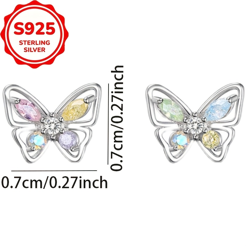 Women's S925 Silver Hollow Butterfly Stud Earrings with Multicolor Zirconia