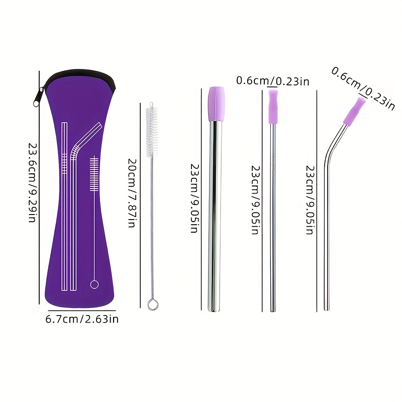 TEMU 5pcs Stainless Steel Straw Set, Reusable With Silicone Tips, Sturdy Bent Straight Straws, Food-grade, Includes 3 Straws, 1 Cleaning Brush, And 1