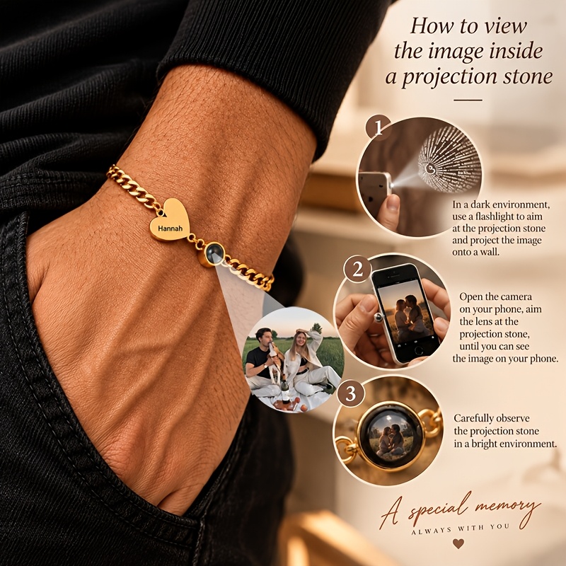 Custom Name Photo Bracelet, Personalized Engraved Gift