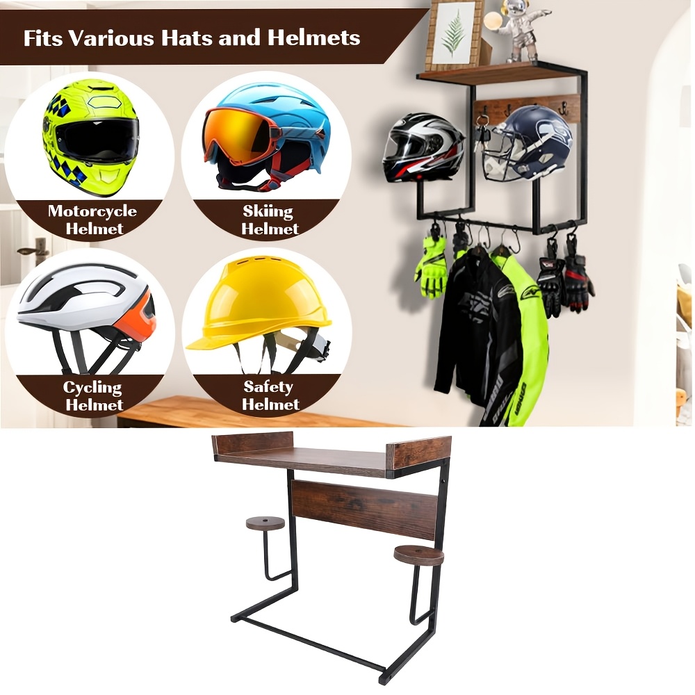 TEMU Porte-casque de moto mural, support de casque robuste avec 4 supports de casque et 4 pinces à gants, organisateur mural rustique avec 4 crochets