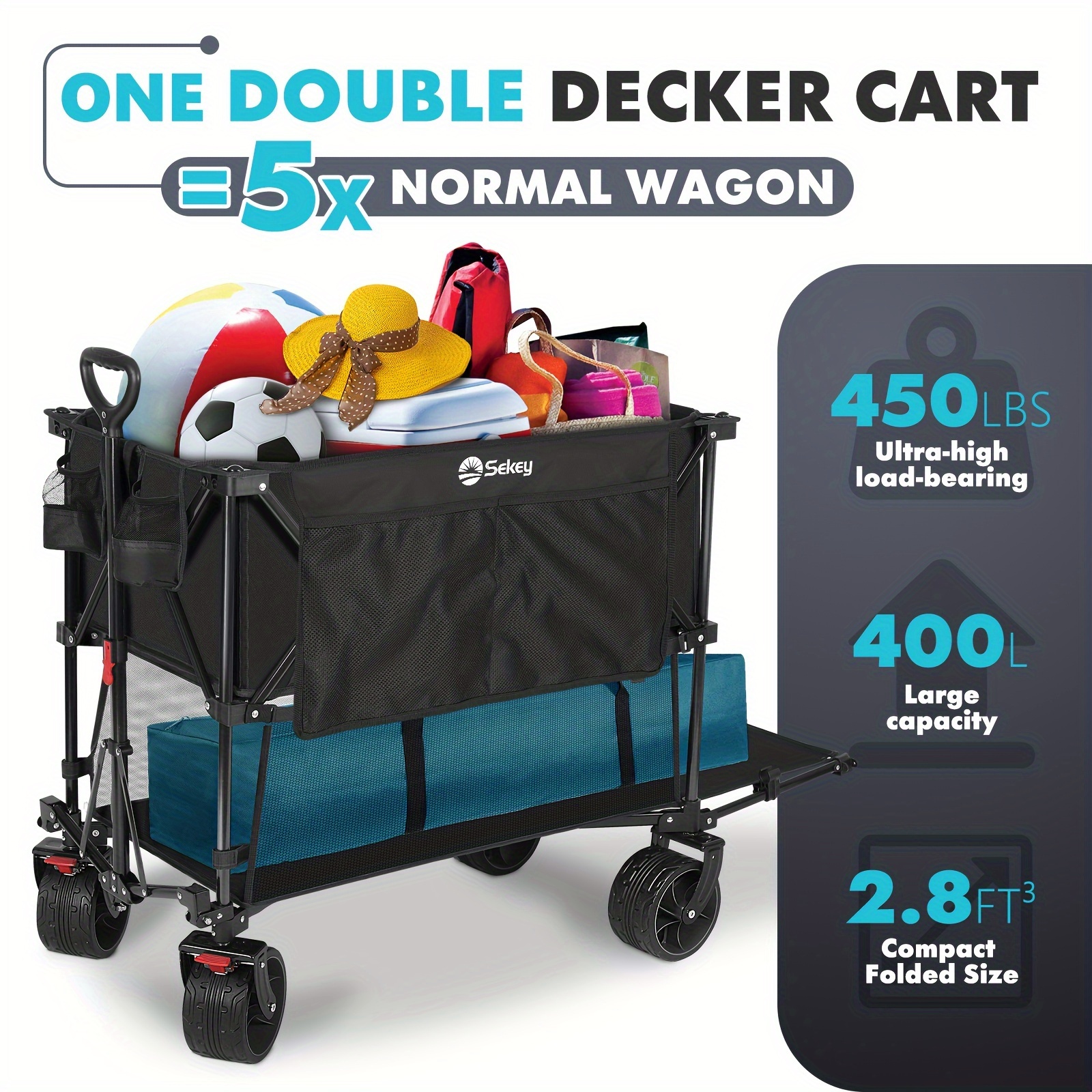 

Sekey 400l Large Capacity Folding Wagon, 54" Extra Long Extender Wagon Cart, 450lbs Heavy Duty Collapsible Wagon, All-terrain Big Wheels For Camping, Sports, Shopping