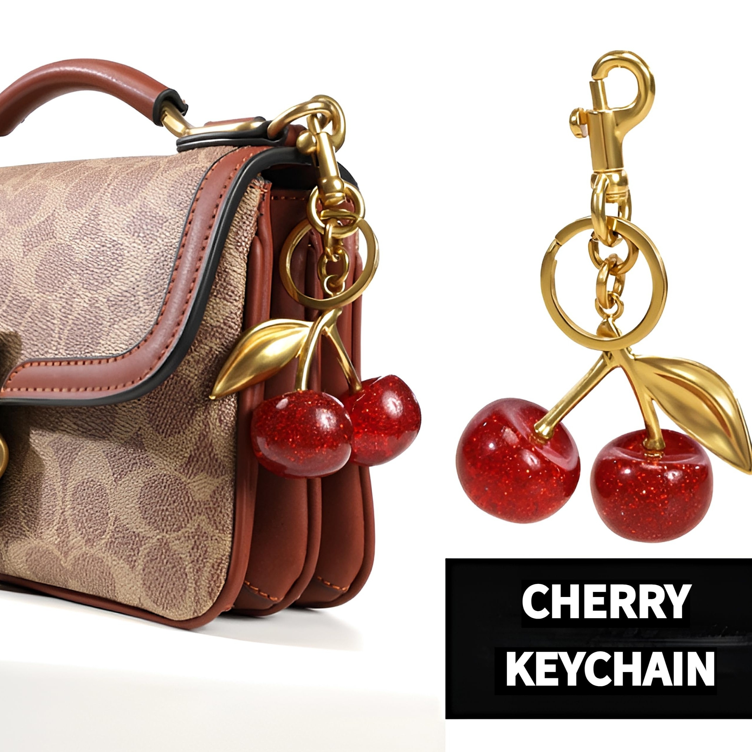 

1pc Glitter Cherry Bag Charm With Key Ring And Clip Cherry/strawberry Keychain Sparkling Resin Metal Accessory For Purses And Bags