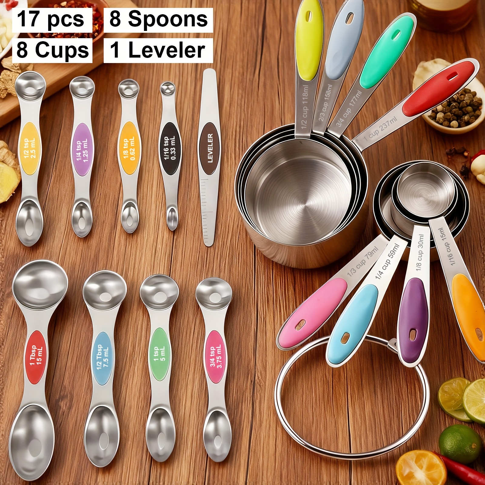 TEMU 17pcs Stainless Steel Measuring Cups And Spoons Set For Cooking, Baking & Kitchen - 8 Cups, 8 Two-end Spoons & 1 Leveler, Ideal Christmas Present, Nice Gift