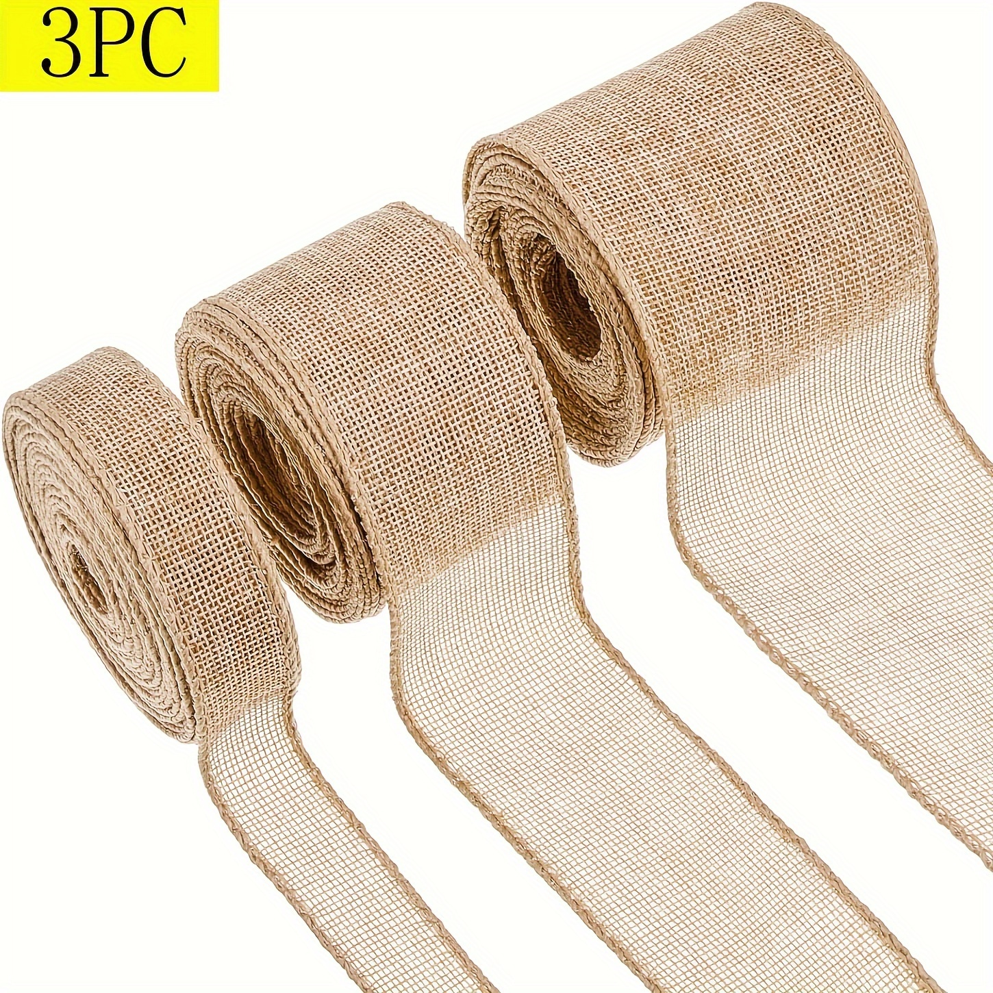 

3 Rolls Christmas Burlap Jute Fabric Wired Ribbon 1/2/3 Inch By Jute Ribbon Linen Type Cloth For Arts Crafts Homemade Diy Projects, Event Decorations ()