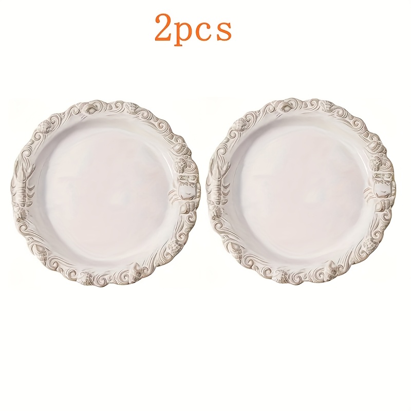 Set of 2 Vintage-Style Embossed Ceramic 10-Inch Round Plates for Steak And Pasta