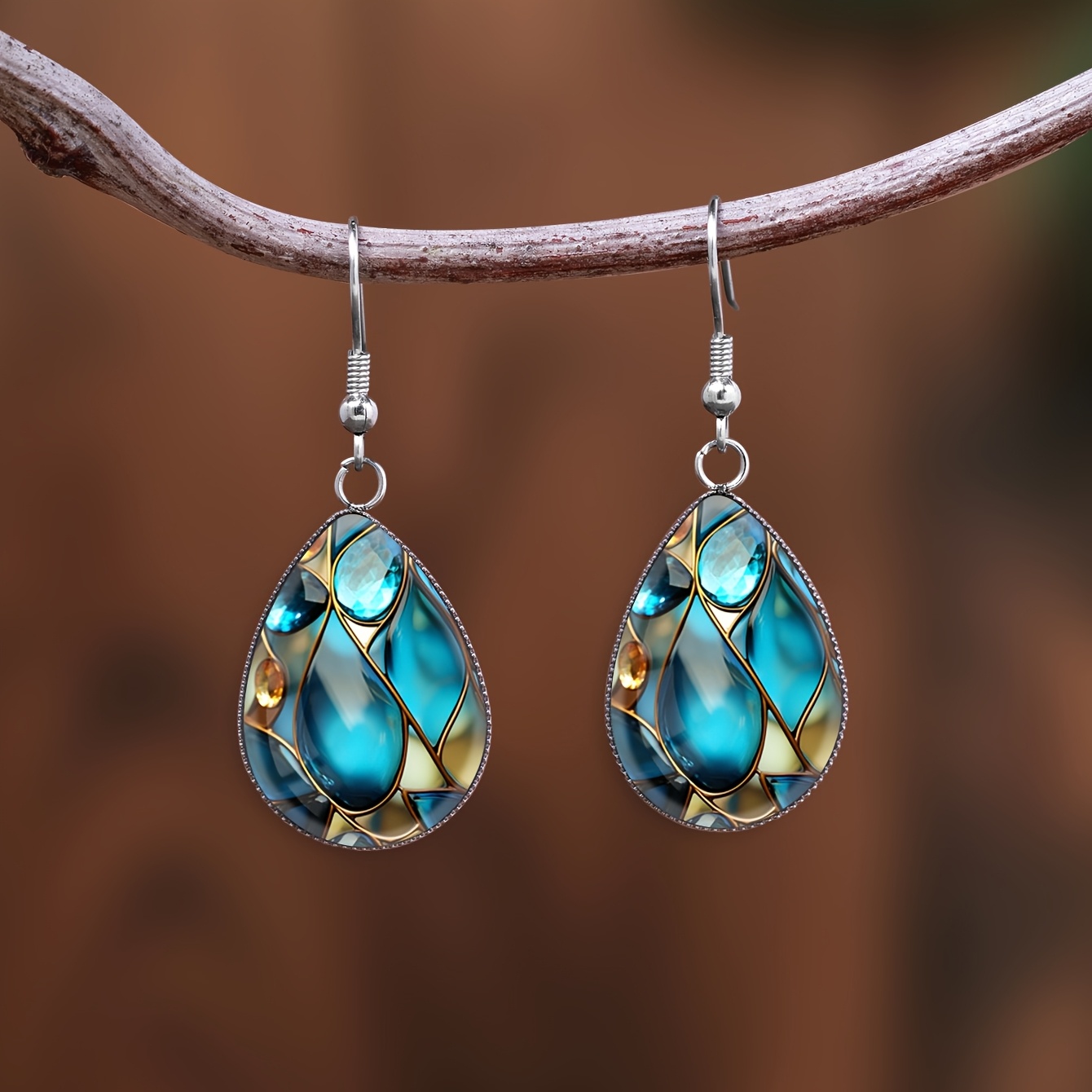 Women's Blue & Golden Glazed Gemstone Pattern Drop Earrings, Vintage Style