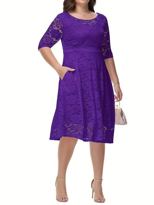 plus size guipure lace pocket dress elegant solid color crew neck half sleeve dress for spring summer womens plus size clothing