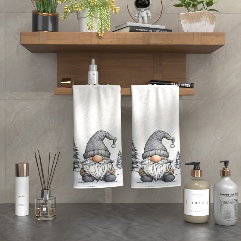 TEMU 2pcs Christmas Gnome Kitchen Towels - Polyester, Machine Washable, Cute Cartoon With Winter Hat & Snowy Trees Design - Decor Gift For Kitchen &