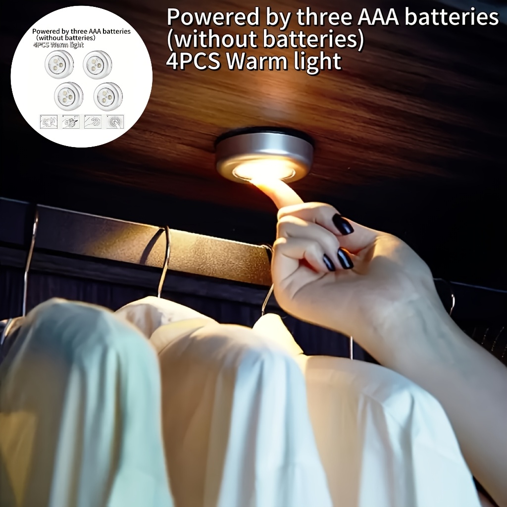 4pcs Push-button Led Round Lights - Battery Powered (batteries Not Included) - Suitable For Kitchen, Bedroom, Cabinet, Staircase, Bedside, Wall And Hallway Lighting - Portable And