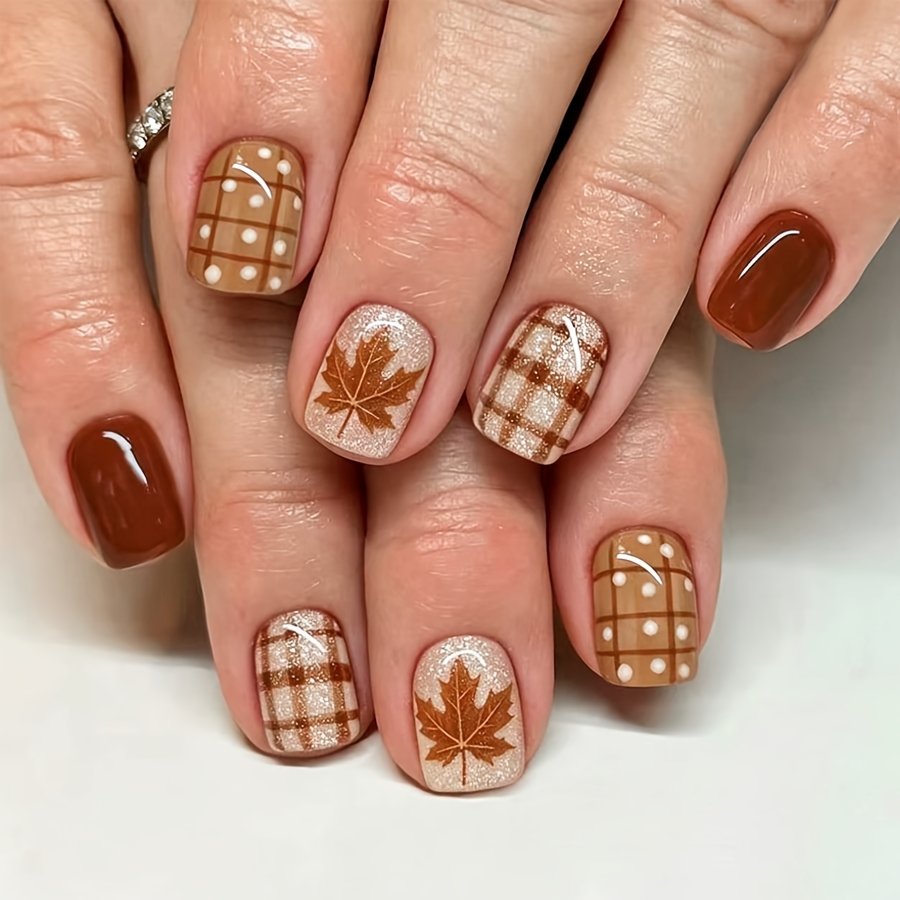 TEMU 24pcs Warm Autumn False Nail Tips, Solid Chocolate Brown & Sparkle Base Hand Drawn Maple Leaf Polka Dot Glossy Manicure