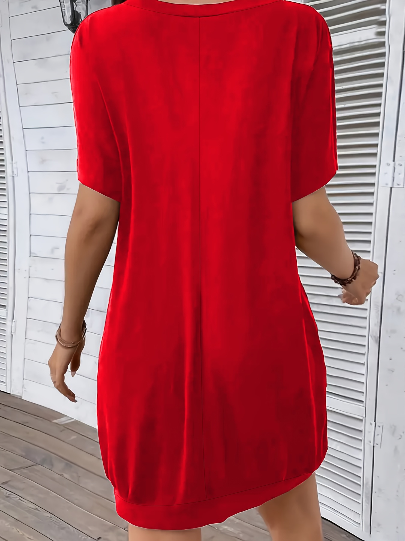womens red v neck t shirt dress pockets short sleeve fitted Temu