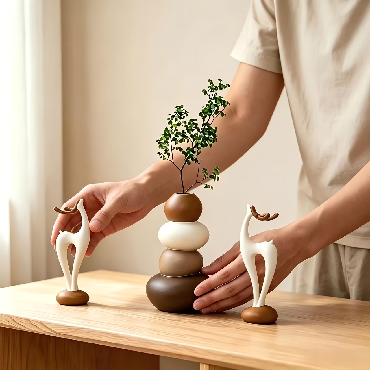 TEMU 3pcs 3pcs Layered Stone Vase And Deer Figurine Set - Tale-themed Resin Tabletop Decor With Stacked Vases Suitable For, Bedroom, Desk - Elegant