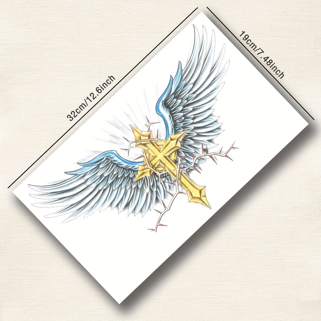 large golden cross wing temporary tattoo sticker waterproof realistic tattoo for chest waist back stylish blue for men and women back tattoo elegant design waterproof material large tattoo details 3